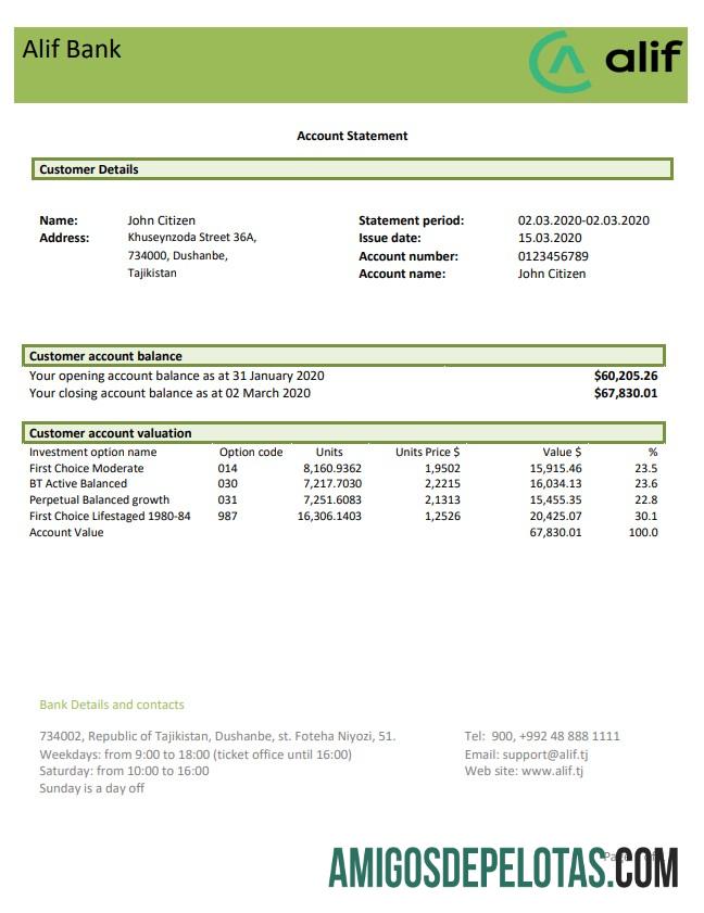 Amostra de extrato bancário Alif do Tadjiquistão
